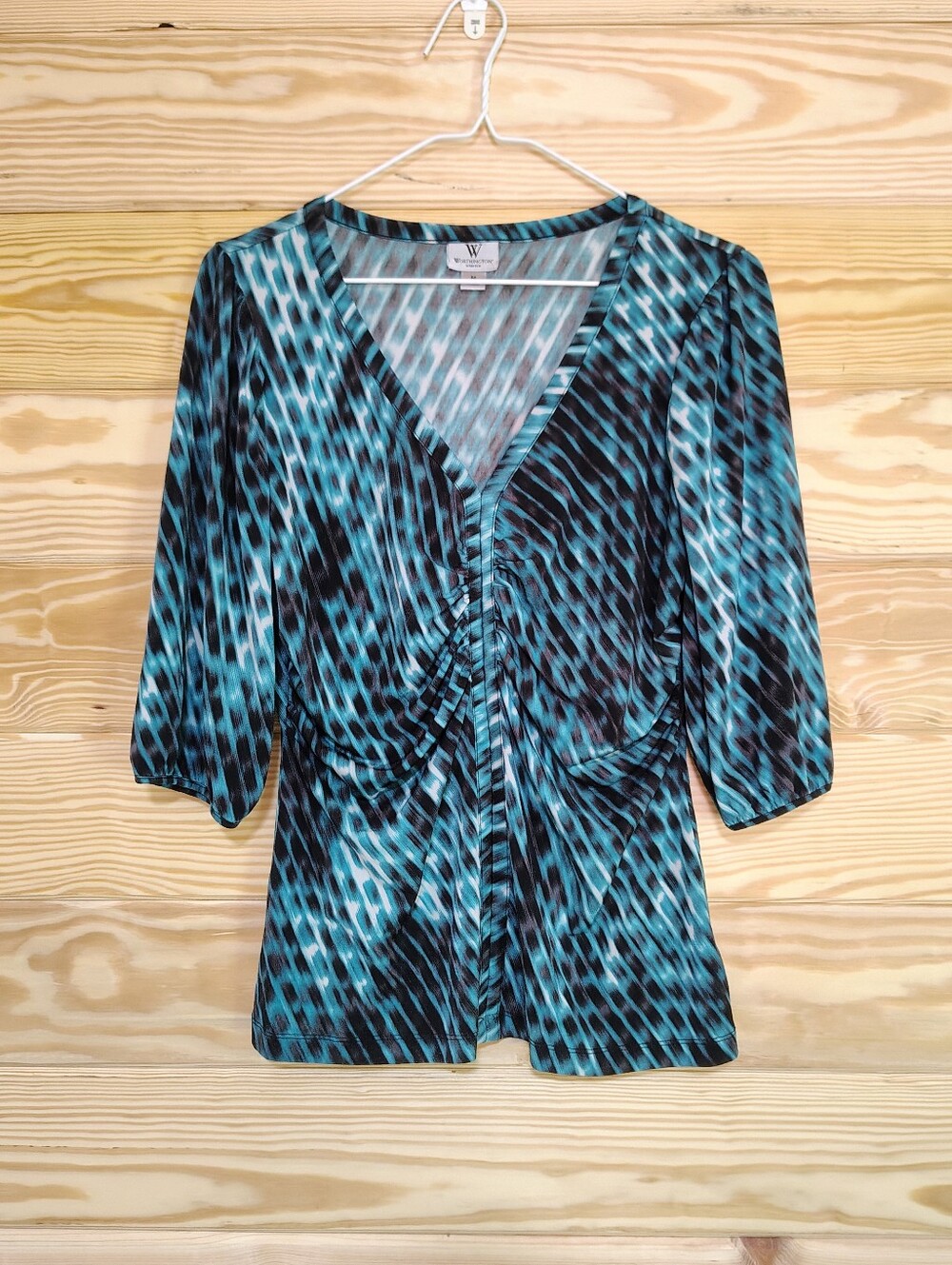 Women's Teal Black Ruched Top M V-Neck Short Sleeve Flattering Casual Career